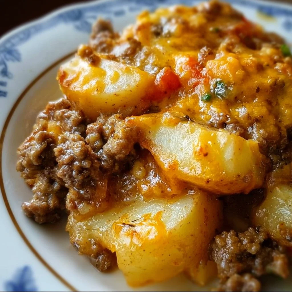 Crockpot Hamburger Potato Casserole Hamburger Potato Casserole Delicious Crockpot Hamburger Potato Casserole with melted cheese and tender potatoes
