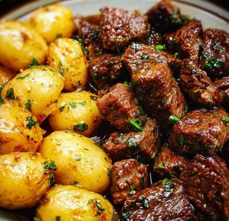 Garlic Butter Beef Bites served with crispy potatoes on a plate