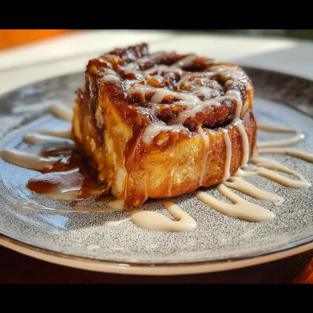 Giant date caramel cinnamon roll topped with creamy caramel and spices.
