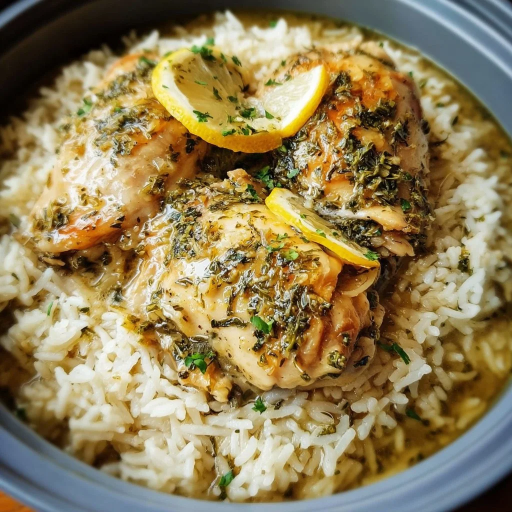 Slow Cooker Lemon Herb Chicken with Fluffy Rice lemon herb chicken Slow cooker lemon herb chicken served with fluffy rice on a plate