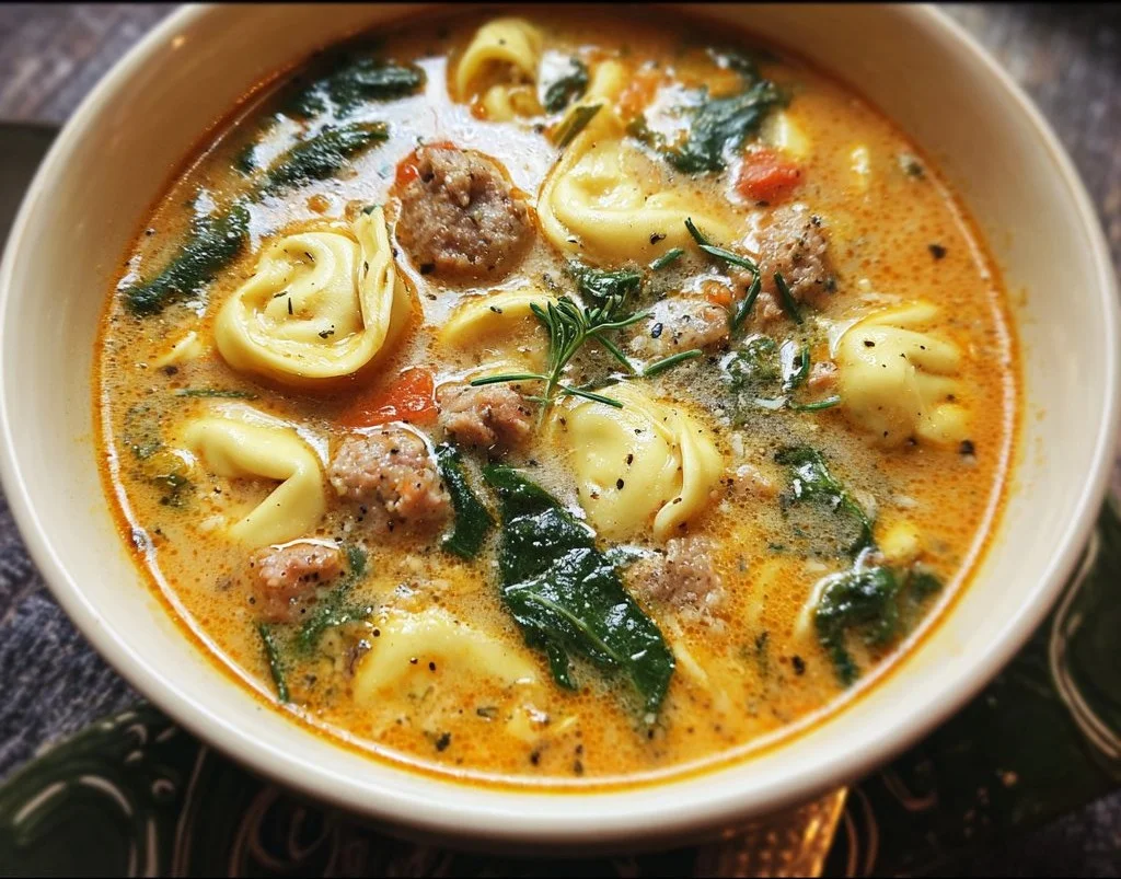 Autumn Soup - Sausage Tortellini Soup with Spinach Sausage Tortellini Soup Bowl of Sausage Tortellini Soup with Spinach, perfect for autumn