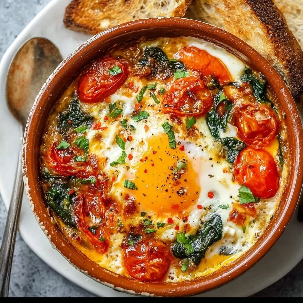 Baked Feta Eggs with Tomatoes and Spinach baked feta eggs Baked feta eggs with tomatoes and spinach in a dish