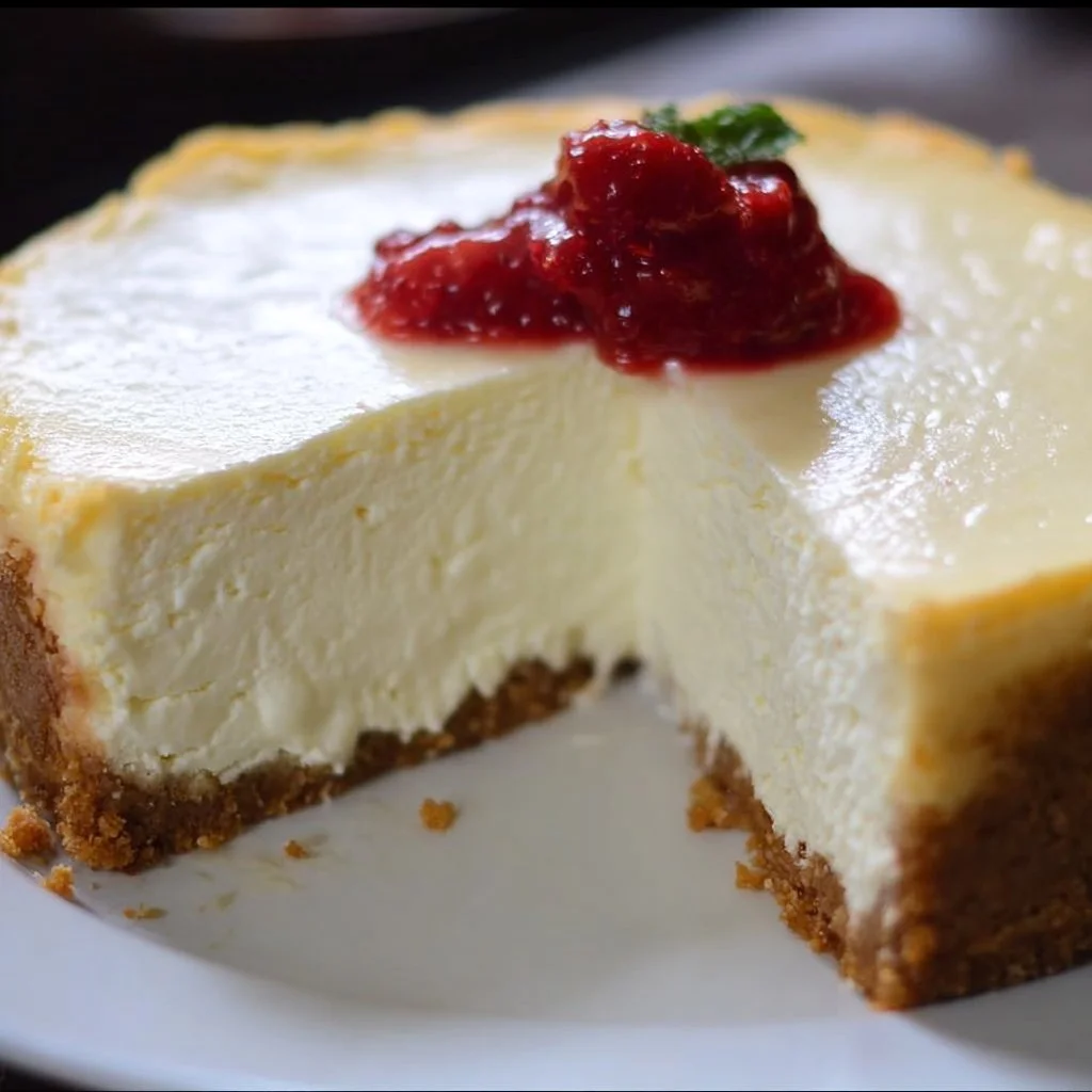 Slice of creamy cheesecake topped with fresh berries and whipped cream