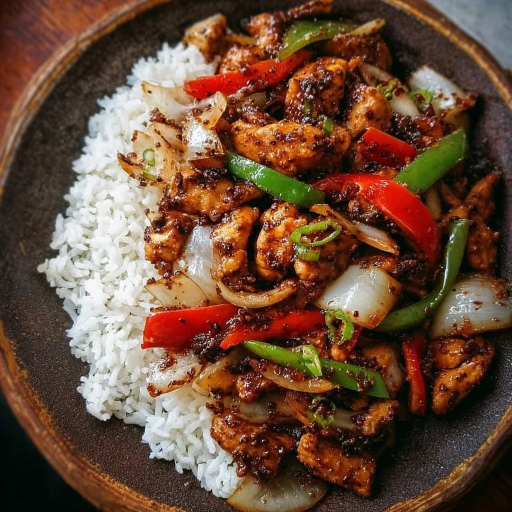 Delicious Black Pepper Chicken garnished with fresh vegetables on a plate.