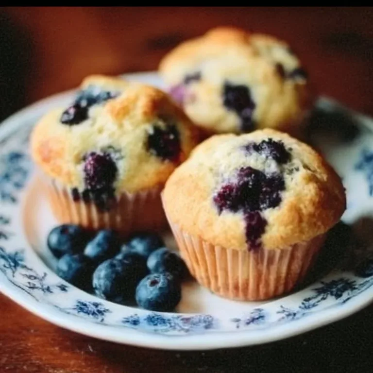 Freshly baked blueberry muffins with juicy blueberries on a rustic table.
