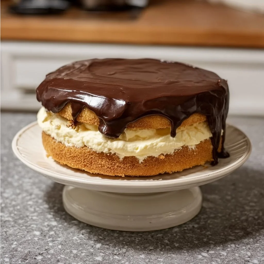 Boston Cream Pie Boston Cream Pie Delicious Boston Cream Pie with layers of custard and chocolate ganache.