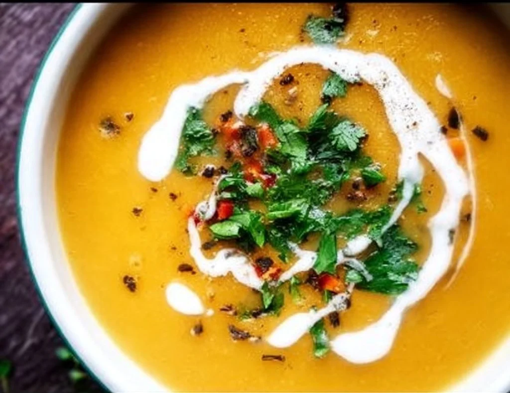 Butternut squash and sweet potato soup in a bowl garnished with herbs