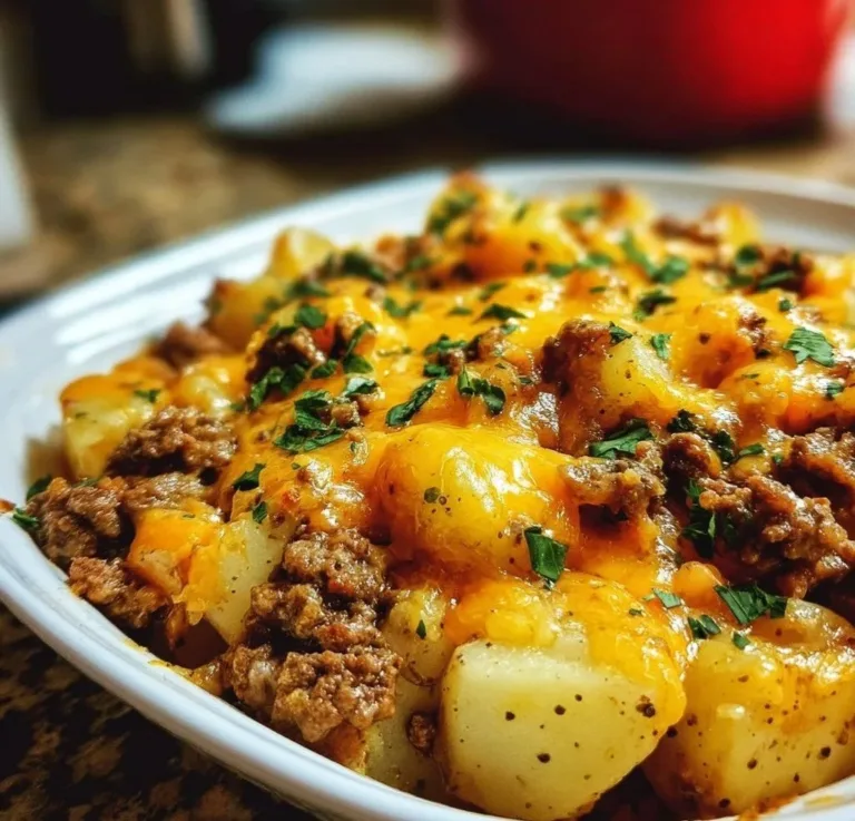 Cheesy Ground Beef & Potato Casserole Beef and Broccoli Cheesy Ground Beef and Potato Casserole served in a baking dish
