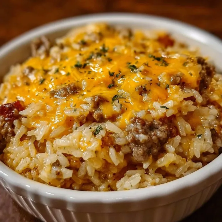 Cheesy Hamburger Rice Casserole Cajun Shrimp and Salmon Cheesy hamburger rice casserole served in a baking dish with melted cheese on top.