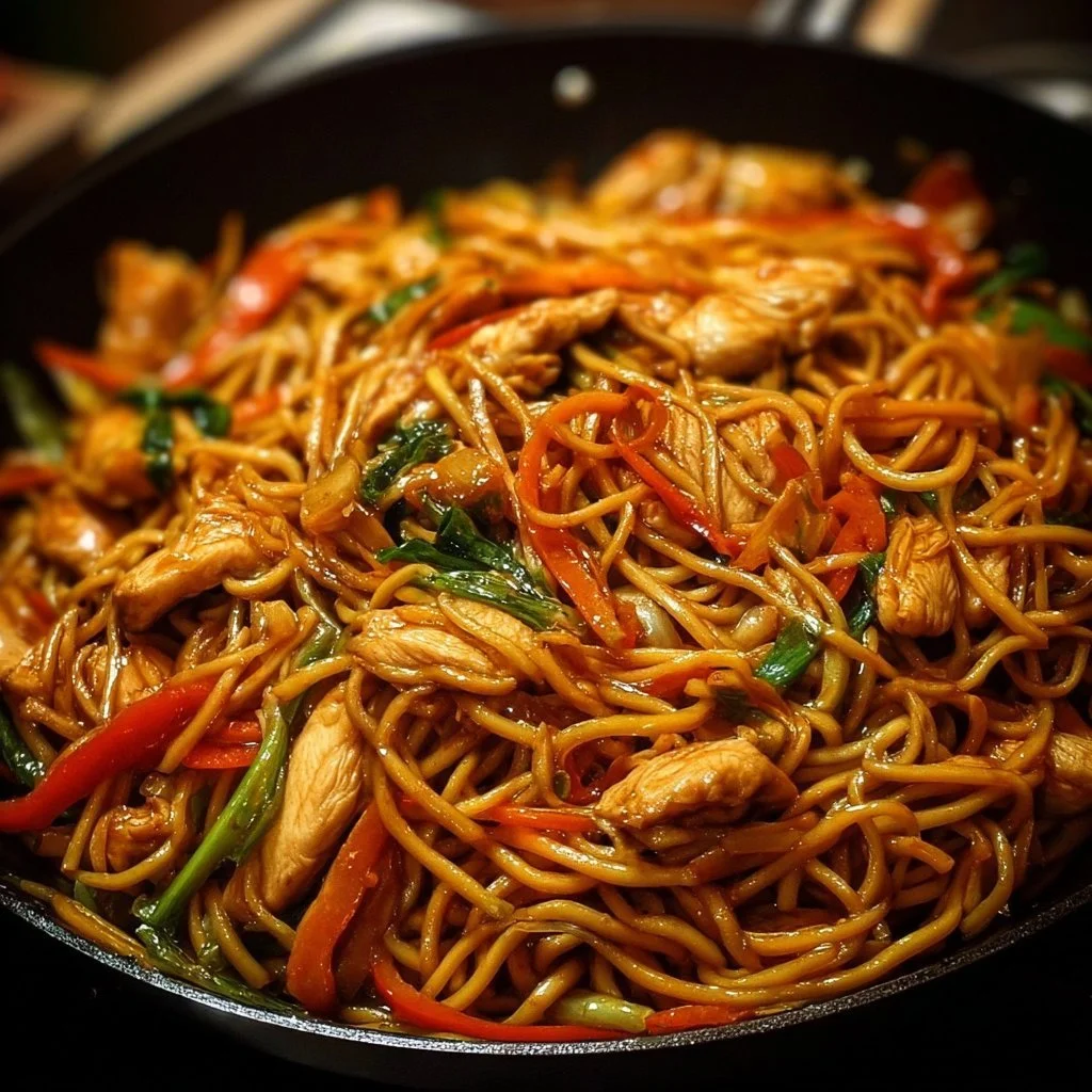 Delicious Chicken Lo Mein served in a bowl with fresh vegetables and noodles