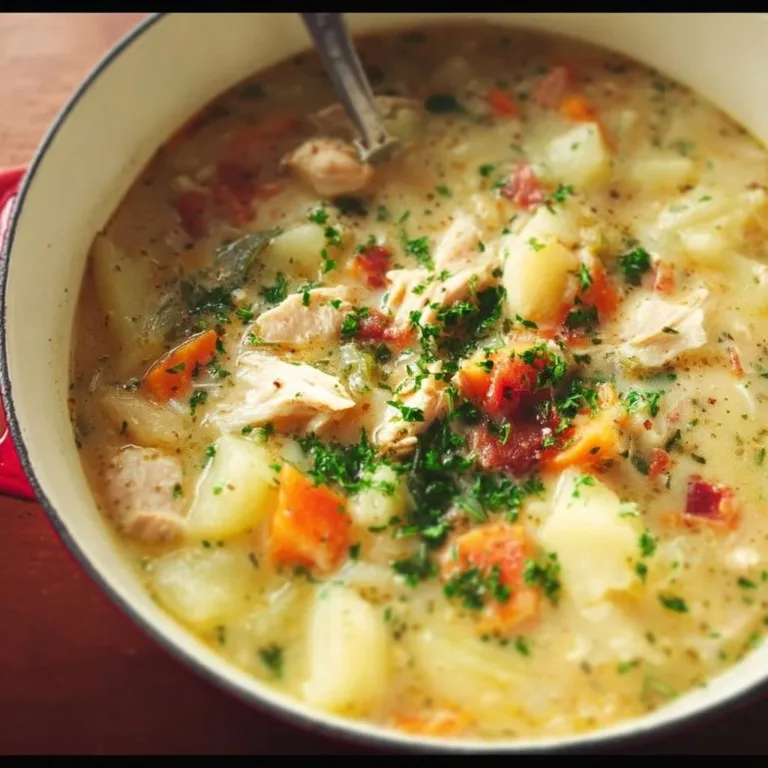 Bowl of Chicken Potato Soup with chicken chunks and diced potatoes garnished with herbs