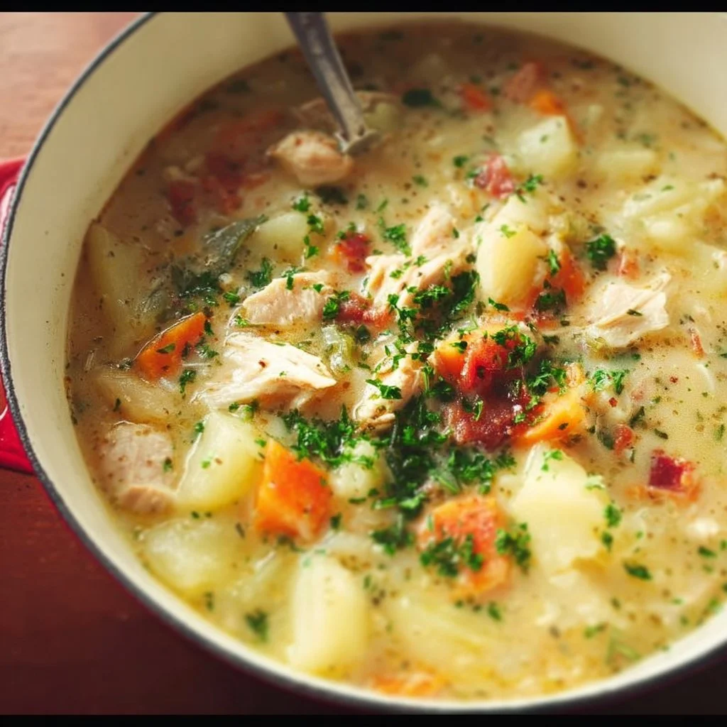 Chicken Potato Soup Chicken Potato Soup Bowl of Chicken Potato Soup with chicken chunks and diced potatoes garnished with herbs