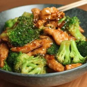 Plate of Chinese Chicken and Broccoli with sauce and vegetables