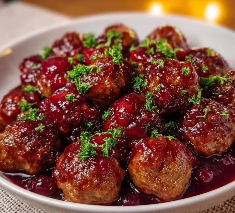 Plate of Christmas Cranberry Meatballs with festive garnish.
