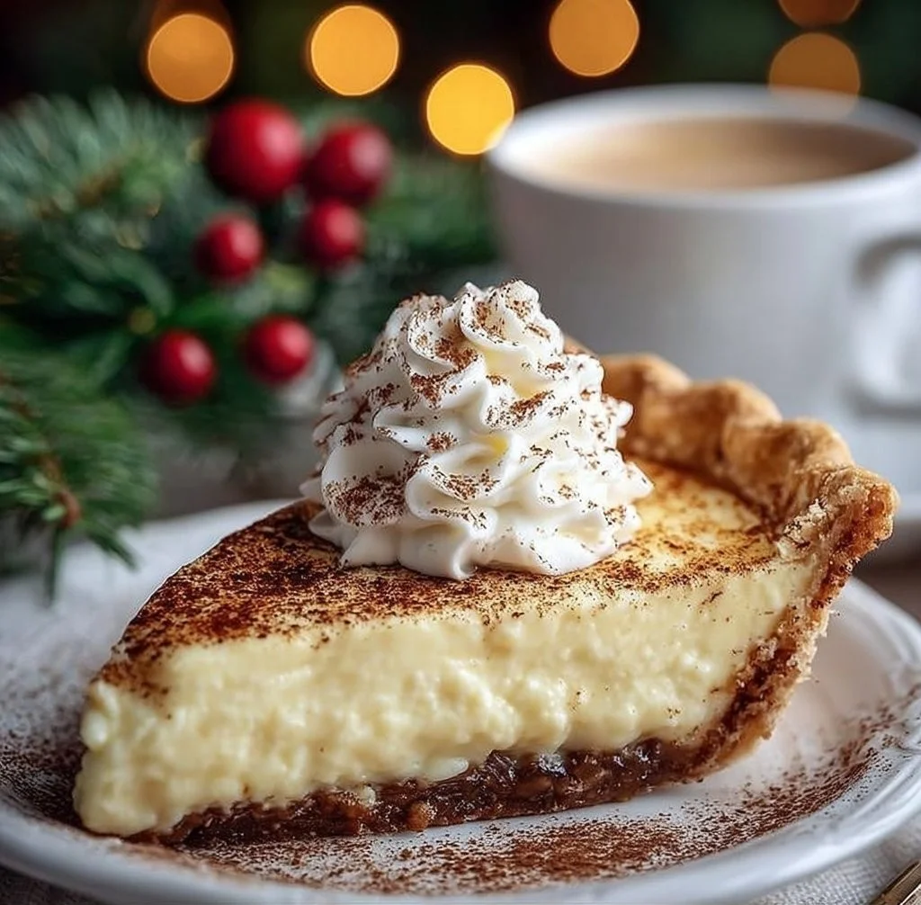 Christmas Eve cinnamon-vanilla custard pie with festive garnishments
