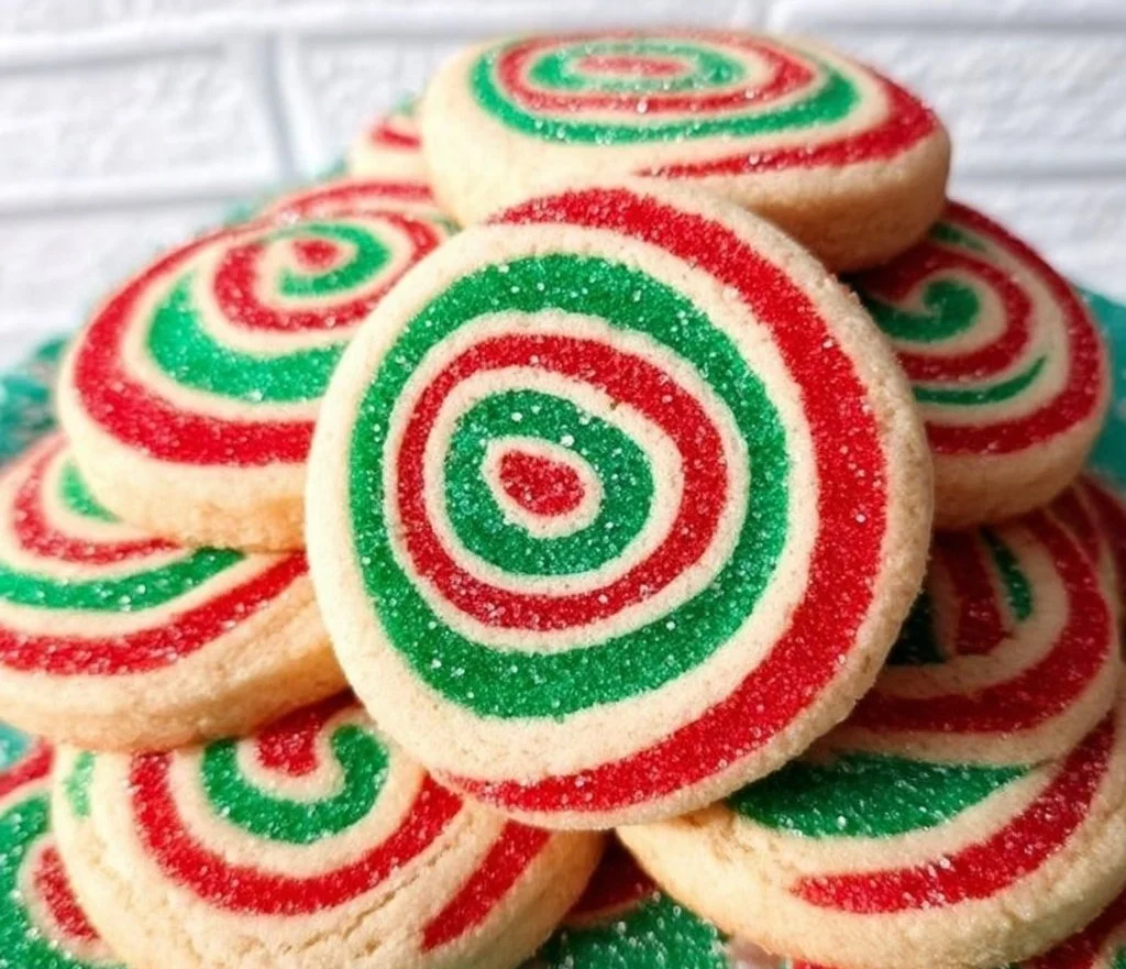Colorful Christmas Pinwheel Cookies arranged on a festive platter.