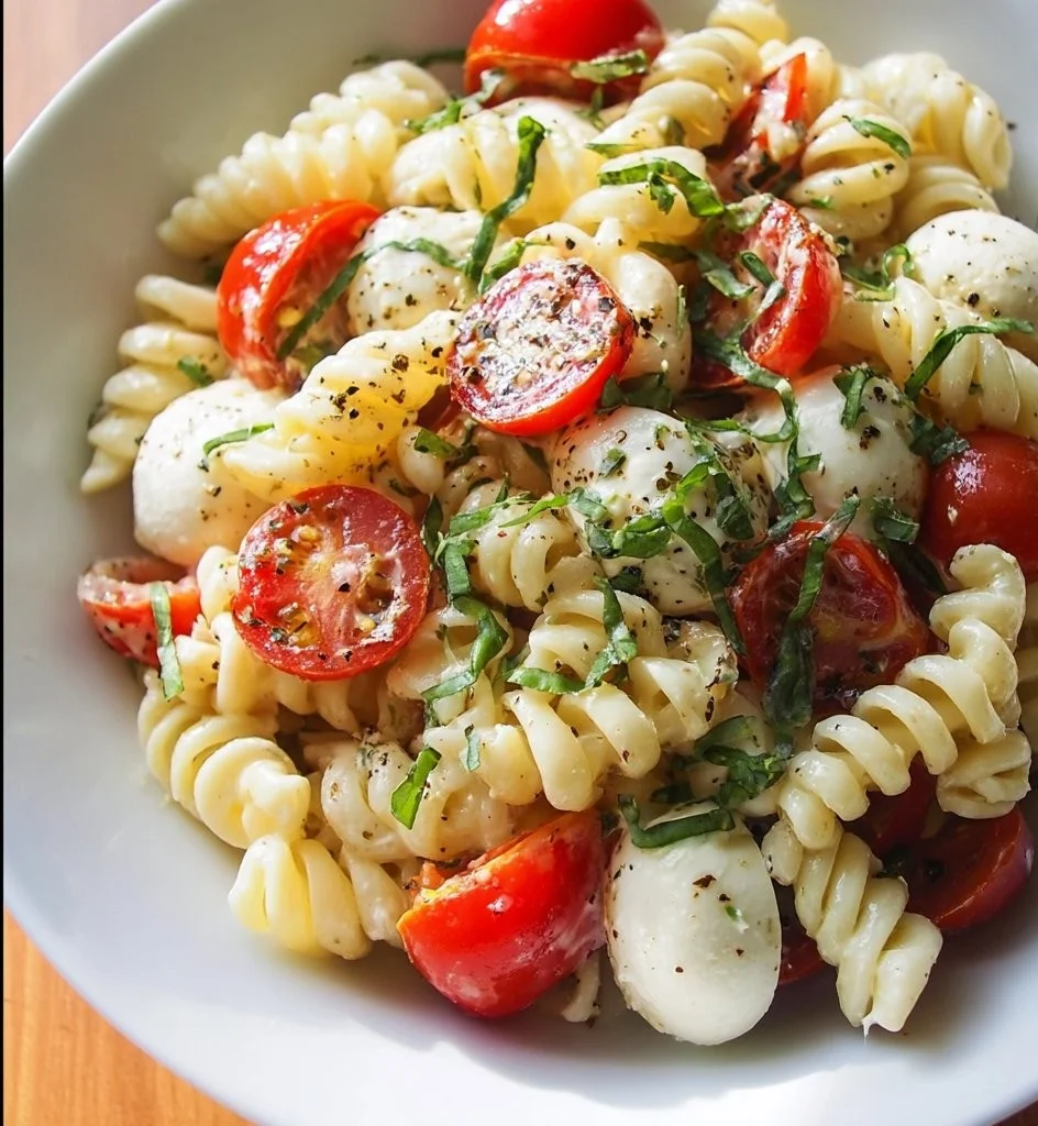 Creamy Caprese Pasta Salad with fresh tomatoes and mozzarella