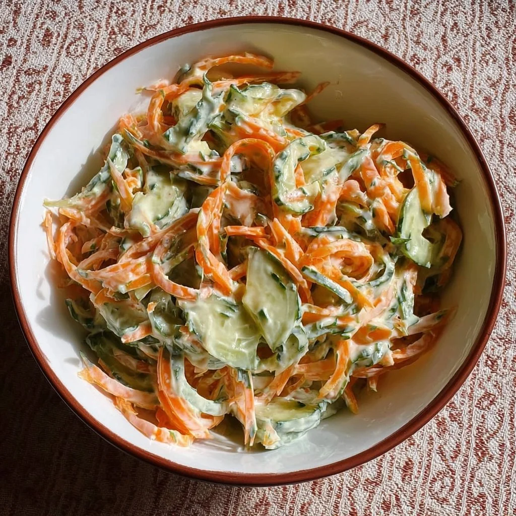 Creamy cucumber and carrot salad served in a bowl with fresh ingredients