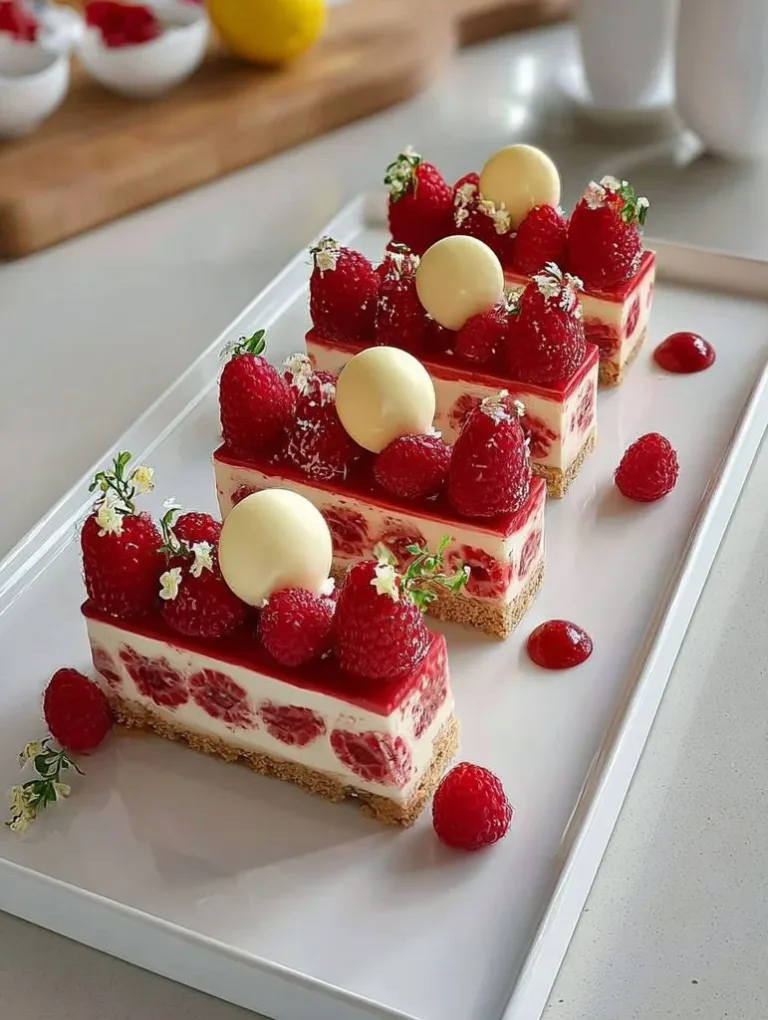 Creamy Raspberry Cheesecake strawberry cheesecake Slice of creamy raspberry cheesecake topped with fresh raspberries and mint leaves.