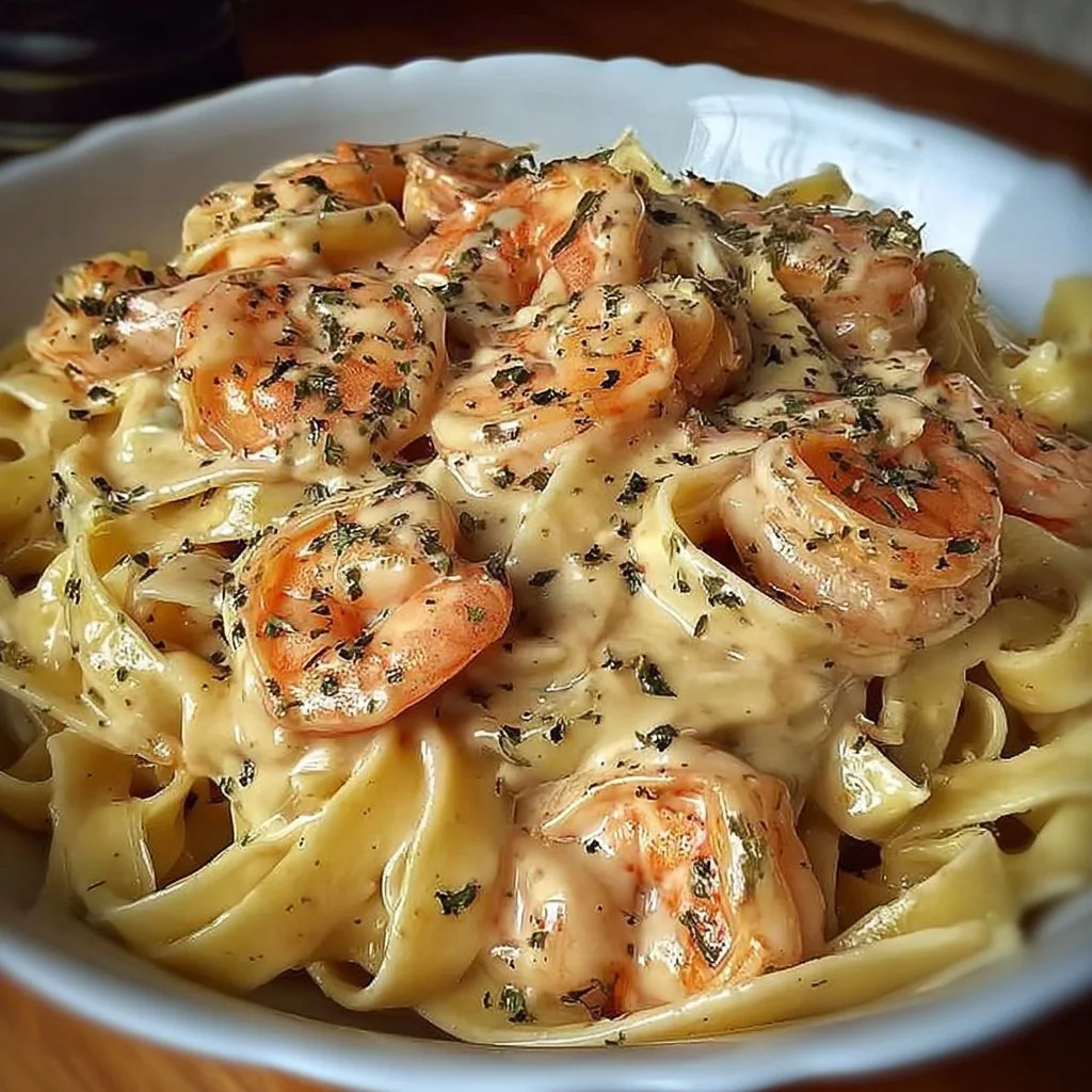 Creamy shrimp fettuccine pasta served with herbs and Parmesan.