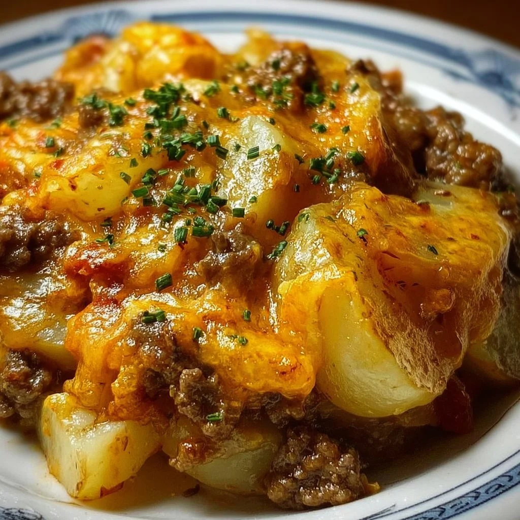 Crockpot Hamburger Potato Casserole hamburger potato casserole Crockpot hamburger potato casserole served in a dish with herbs on top.