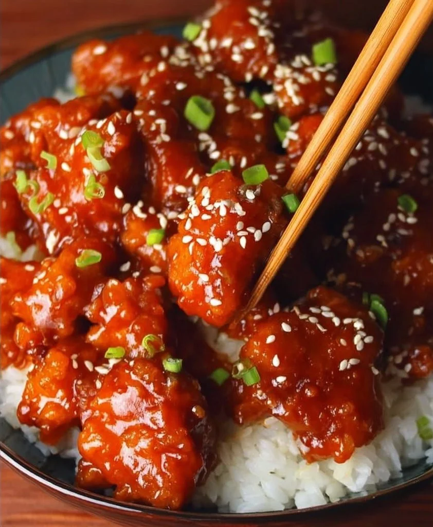 Easy Sesame Chicken sesame chicken A delicious plate of easy sesame chicken garnished with sesame seeds and scallions.