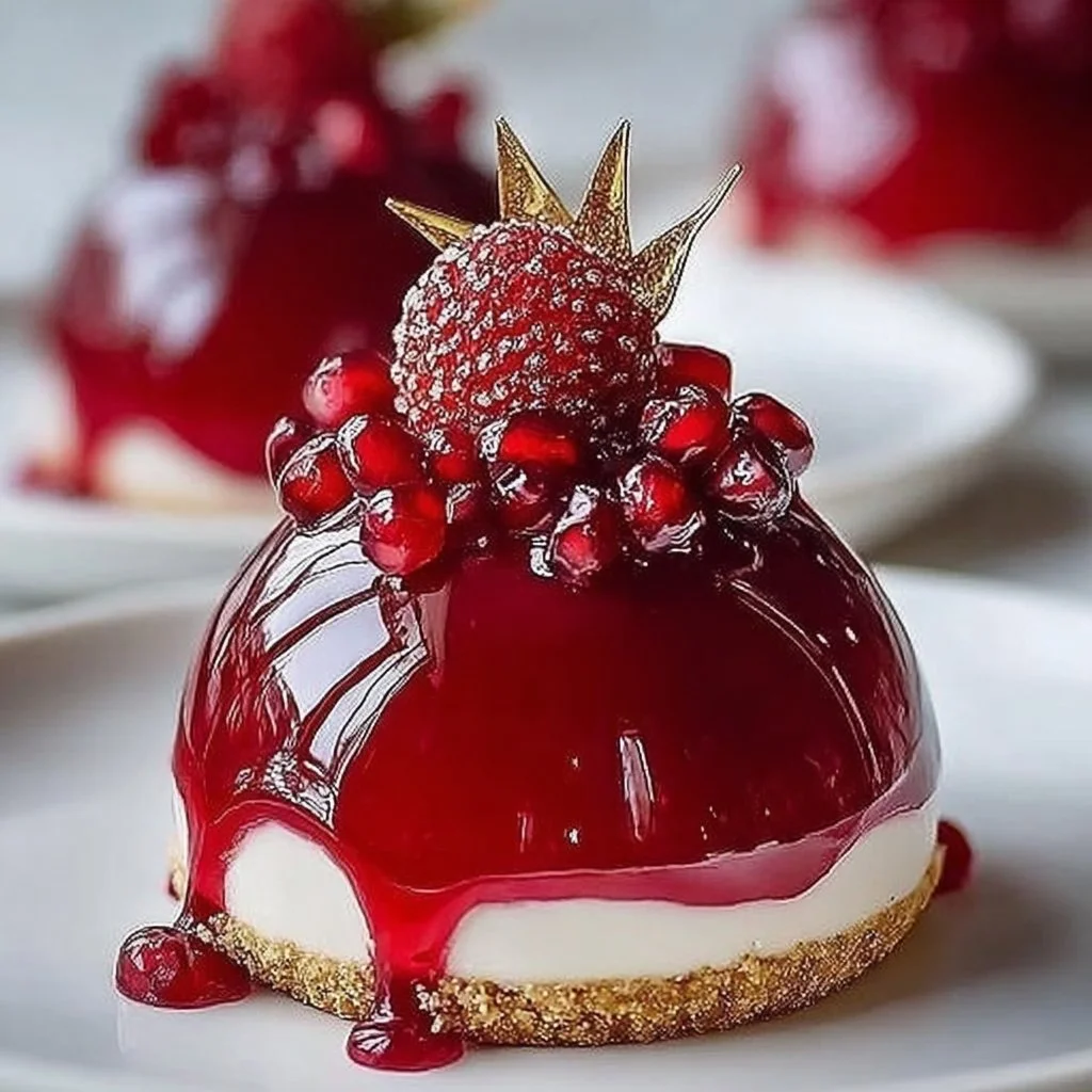 Glossy pomegranate mousse domes with a rich, vibrant color and elegant presentation.