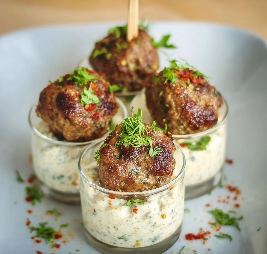 Greek-inspired meatballs with sun-dried tomato tzatziki on a plate