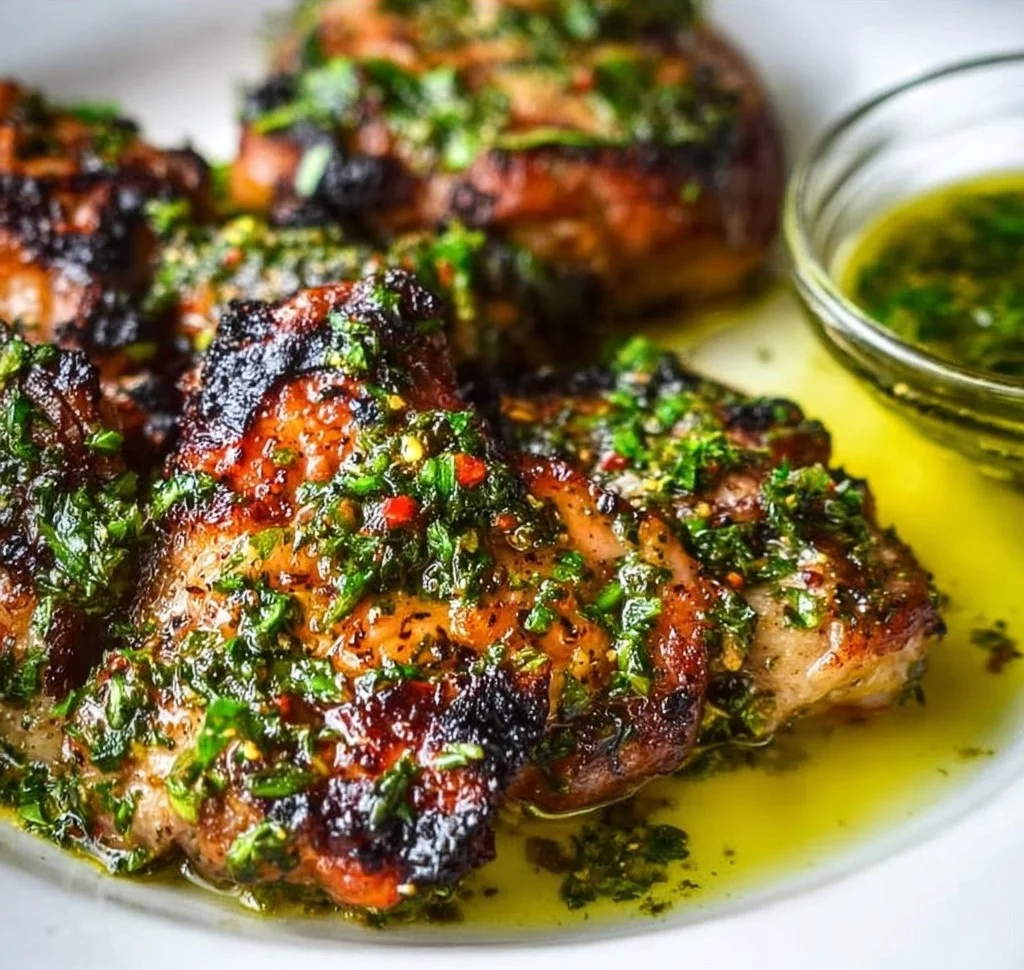 Grilled chimichurri chicken thighs garnished with fresh herbs