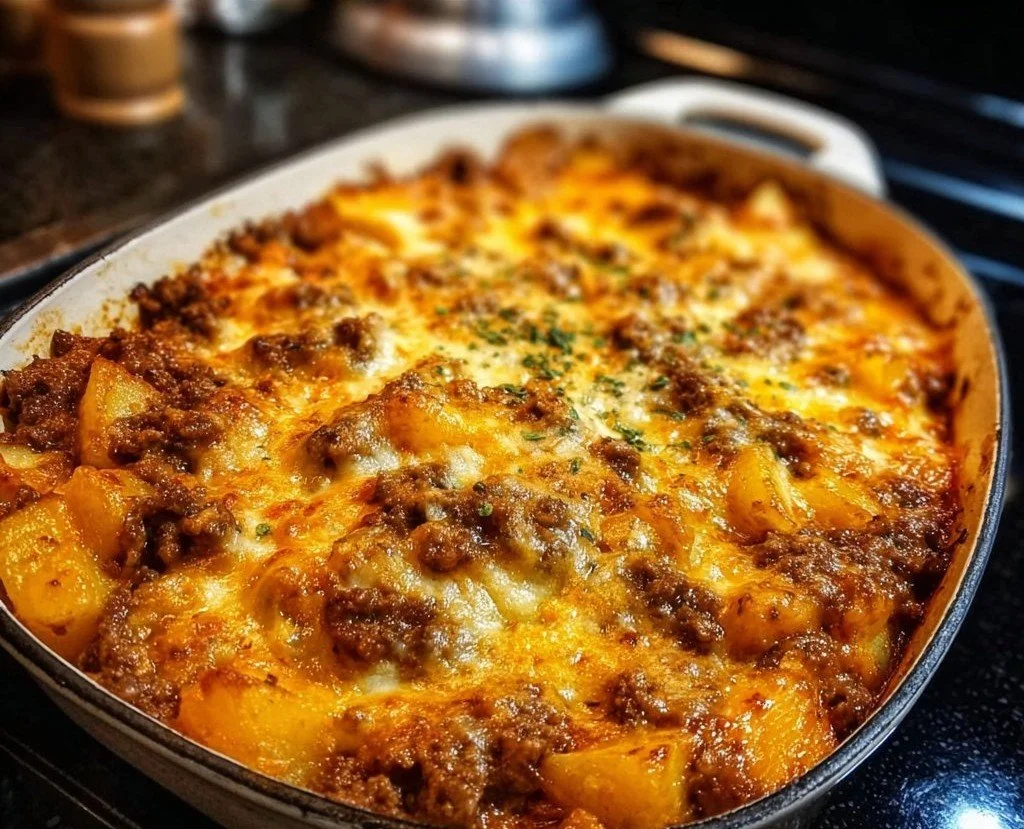 Hobo Casserole Hobo Casserole Delicious Hobo Casserole served in a baking dish, showcasing hearty ingredients.