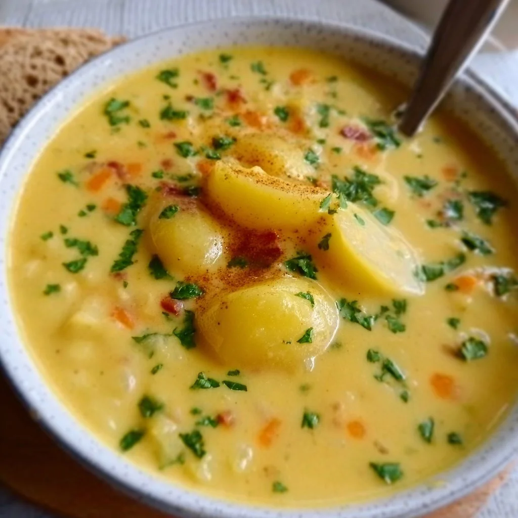 Homemade German Potato Soup (Kartoffelsuppe) German potato soup Bowl of homemade German potato soup (Kartoffelsuppe) with fresh herbs