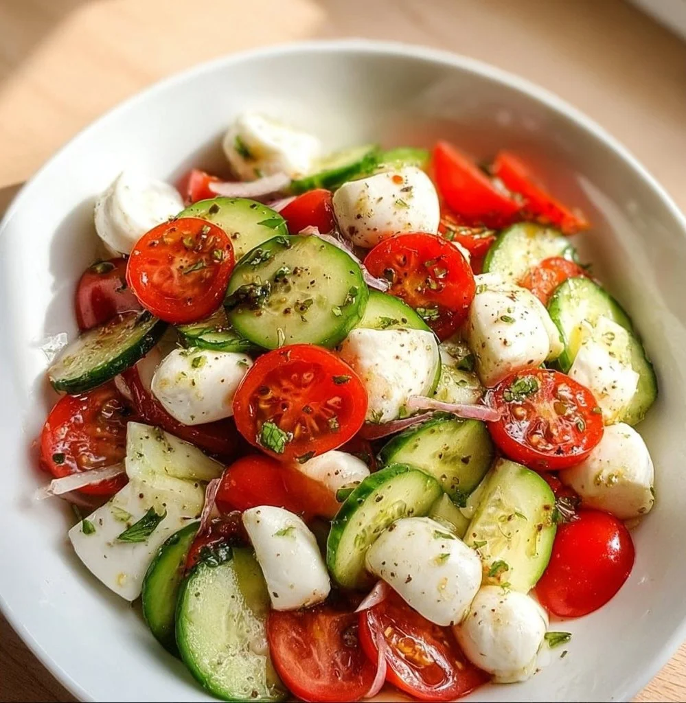 Juicy Cucumber Caprese Salad with fresh mozzarella and basil leaves