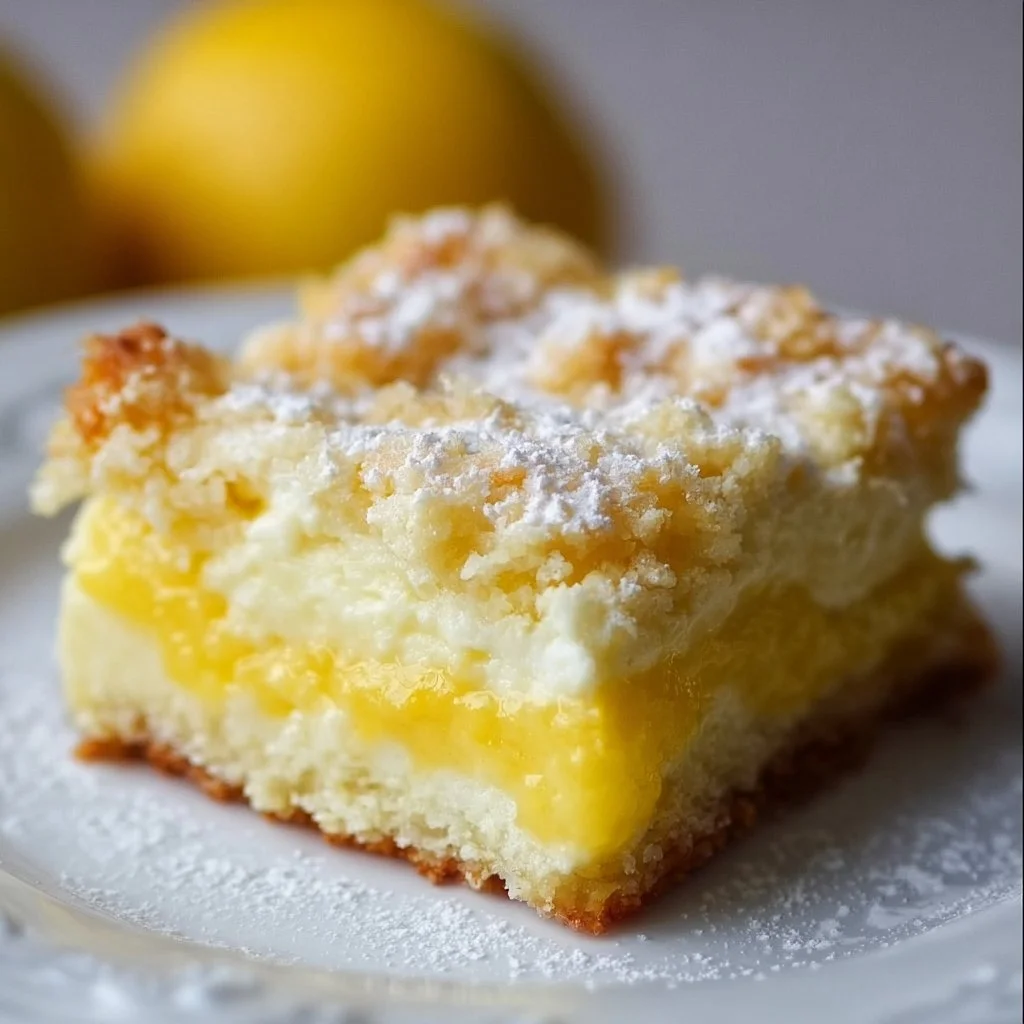 Delicious Lemon Cream Cheese Dump Cake with bright yellow lemon topping.
