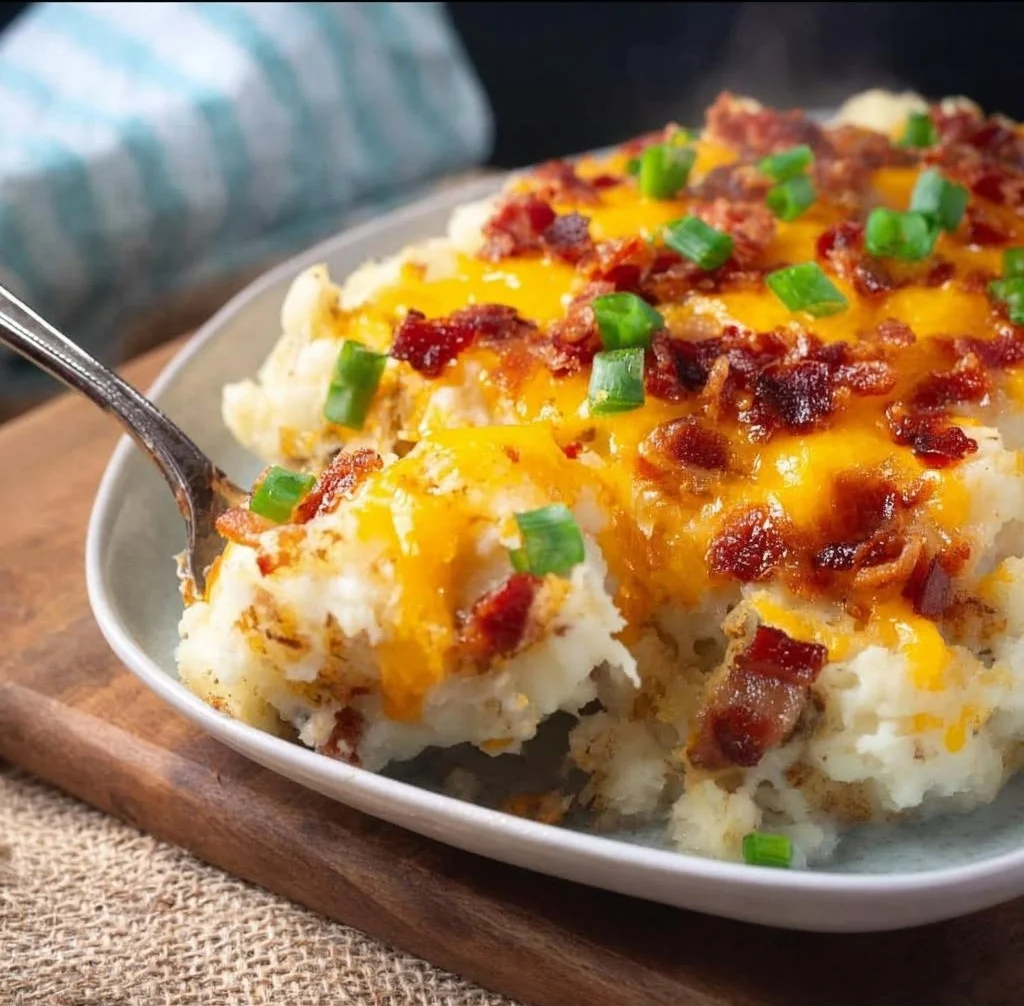Loaded Baked Potato Casserole baked potato casserole Delicious loaded baked potato casserole topped with cheese and green onions.