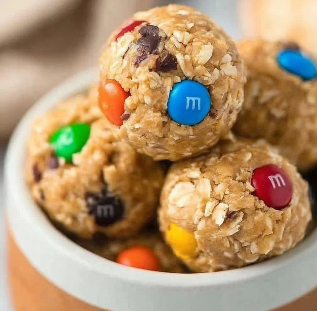 Homemade Monster Cookie Protein Balls made with oats, chocolate chips, and peanut butter.