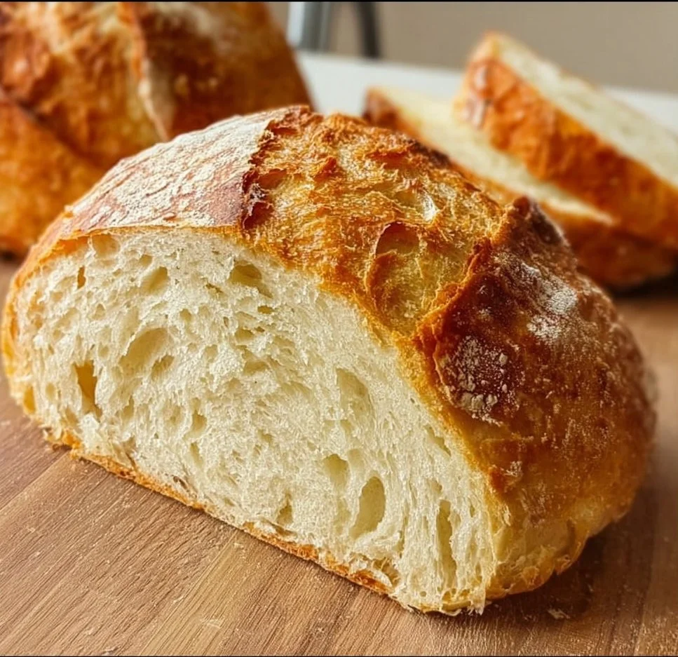 No-Knead Artisan Bread artisan bread Freshly baked no-knead artisan bread on a wooden cutting board.