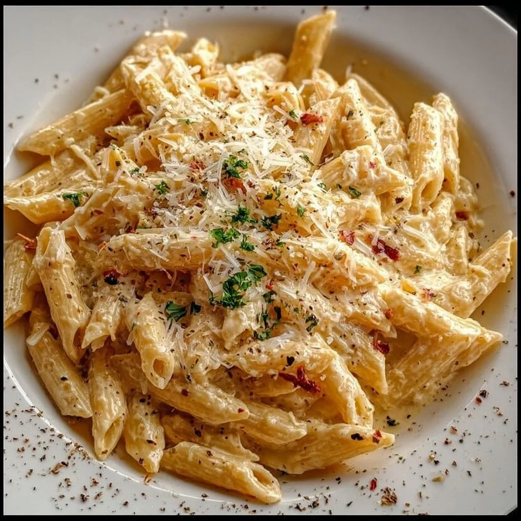 A delicious bowl of one pot creamy garlic pasta garnished with parsley