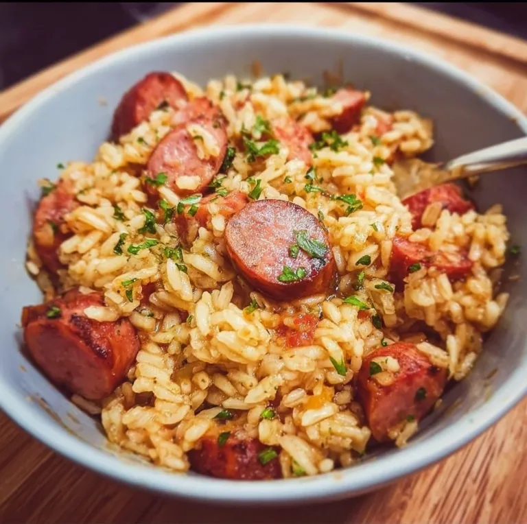 One Pot Smoked Sausage and Rice Amish White Bread One Pot Smoked Sausage and Rice recipe with vibrant ingredients in a skillet