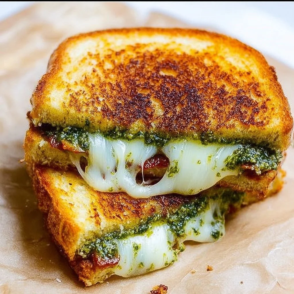 Pesto Grilled Cheese pesto grilled cheese Delicious pesto grilled cheese sandwich with melted cheese and fresh basil