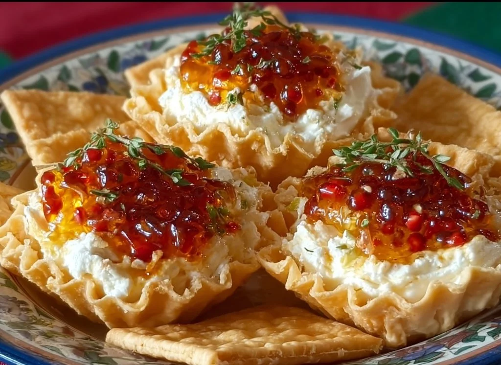 Quick Pepper Jelly Cream Cheese Dip served with crackers on a platter