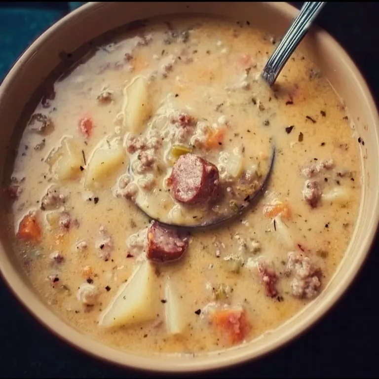 Bowl of delicious Sausage Potato Soup with herbs and spices