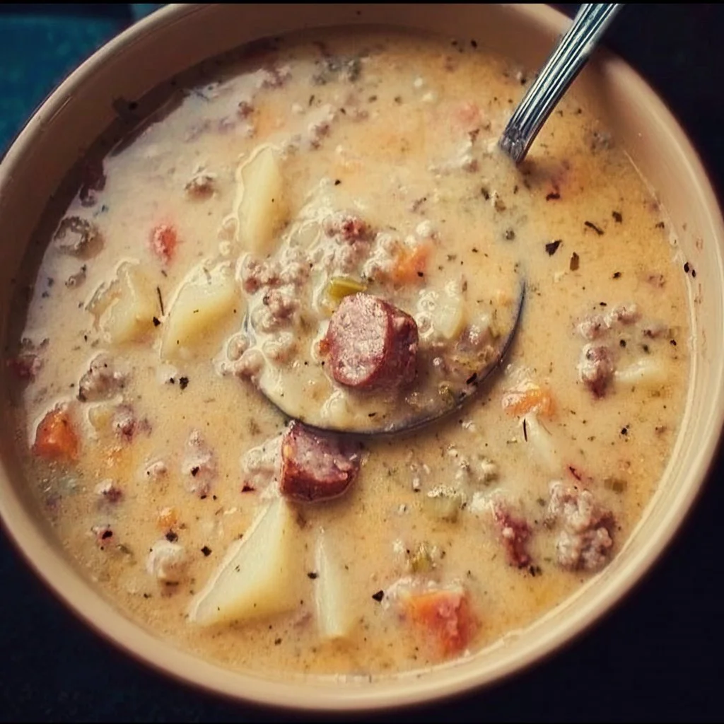 Bowl of delicious Sausage Potato Soup with herbs and spices
