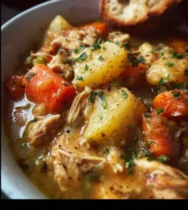 Delicious slow cooker chicken stew with vegetables in a bowl