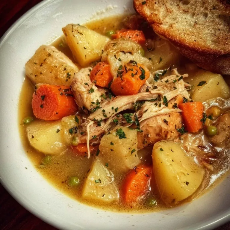 Delicious slow cooker chicken stew served in a bowl with vegetables.