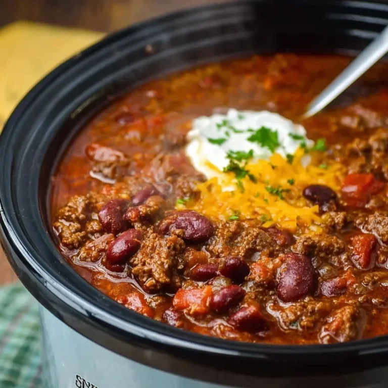 Delicious slow cooker chili recipe featuring beans and spices.