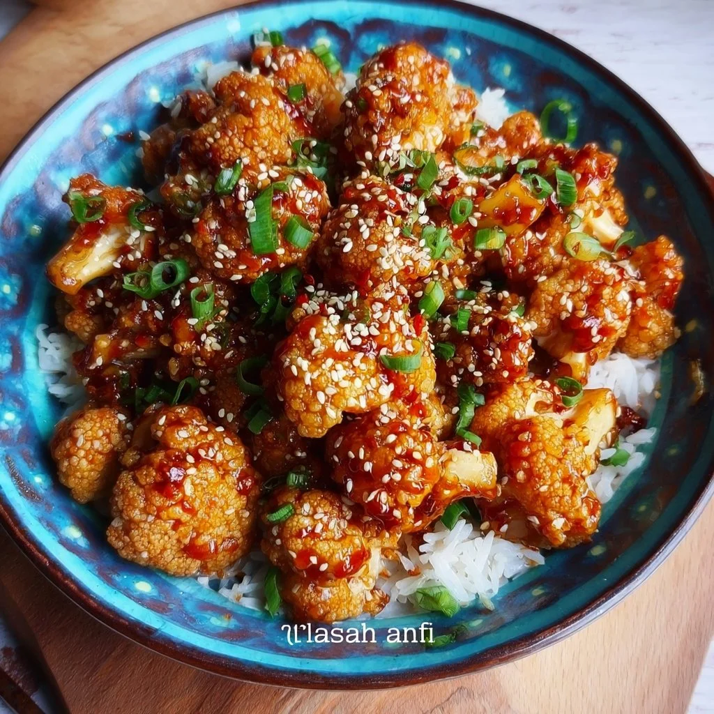 Sticky Sesame Cauliflower sesame cauliflower Sticky Sesame Cauliflower dish garnished with sesame seeds and scallions