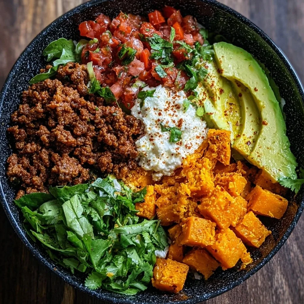 Sweet Potato Taco Bowl sweet potato taco Delicious sweet potato taco bowl topped with fresh avocado and cilantro