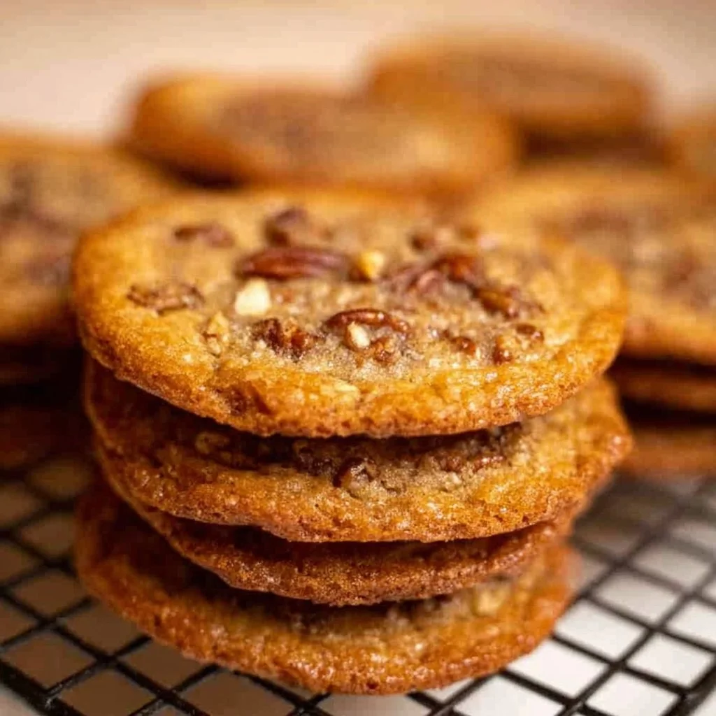 Thin, Chewy, Pecan Pie Cookies pecan pie cookies Thin and chewy pecan pie cookies on a rustic wooden table