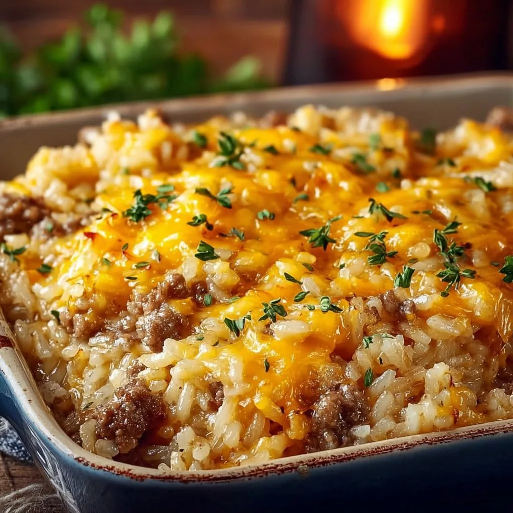 Cheesy Hamburger Rice Casserole hamburger rice casserole Cheesy Hamburger Rice Casserole