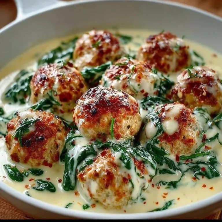 Baked chicken ricotta meatballs topped with spinach Alfredo sauce